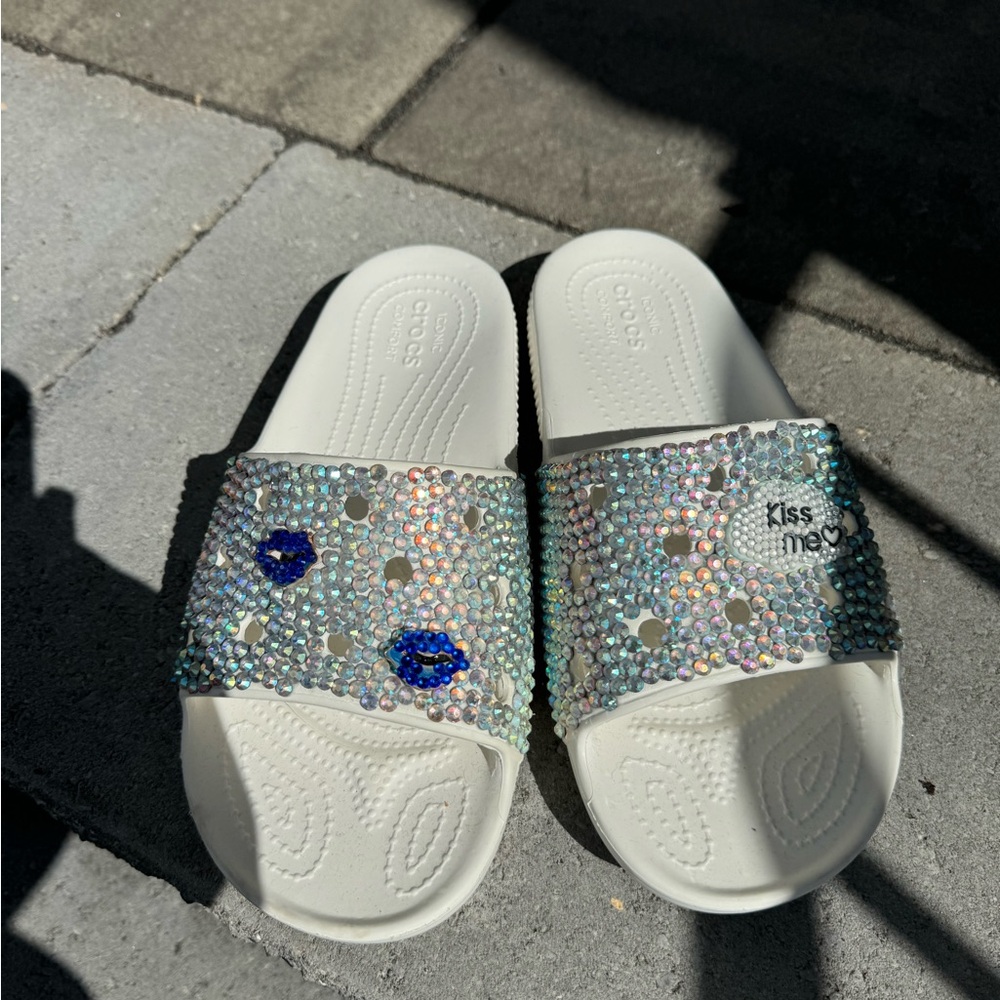 White Custom Rhinestone Croc Slided Women’s 7 or M 5